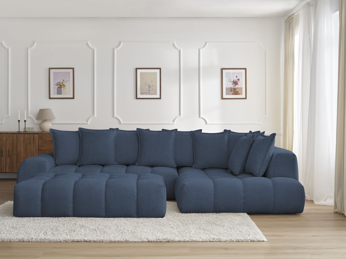 Bobochic Everest Ecksofa mit Schlaffunktion und Pouf, 10 Kissen Melange-Stoff Dunkelblau Ecke rechts