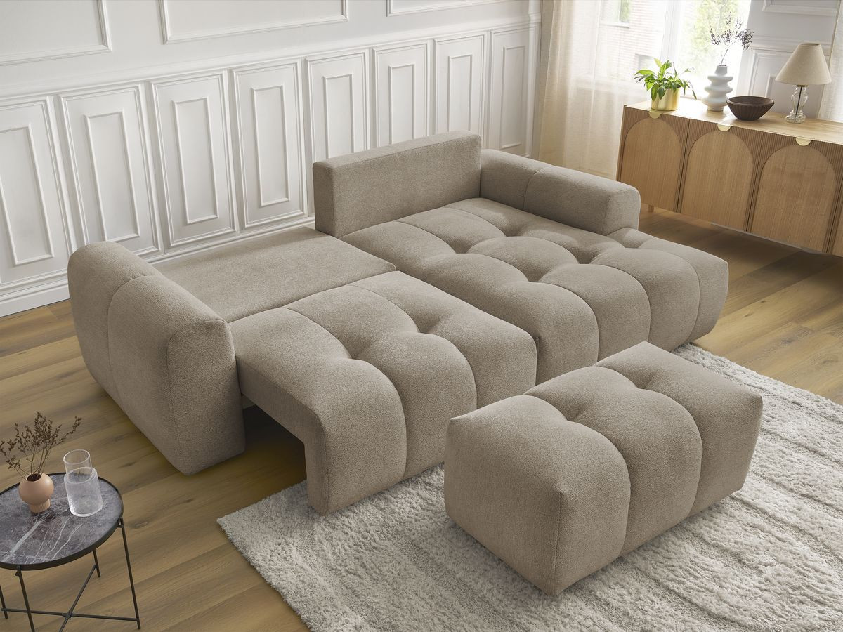 Bobochic Roxelane Ecksofa mit Schlaffunktion und Bettkasten und Pouf 258 × 150 cm Melange-Stoff Taupe Ecke rechts