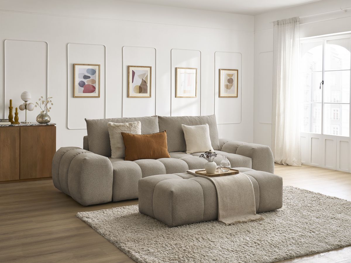 Bobochic Everest Sofa 3-Sitzer mit Pouf, 2 Kissen Melange-Stoff Taupe