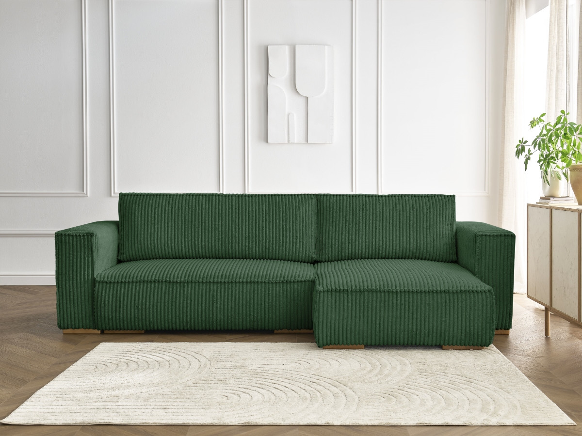 Bobochic Chelsea Ecksofa mit Schlaffunktion und Bettkasten Breitcord weich Grün