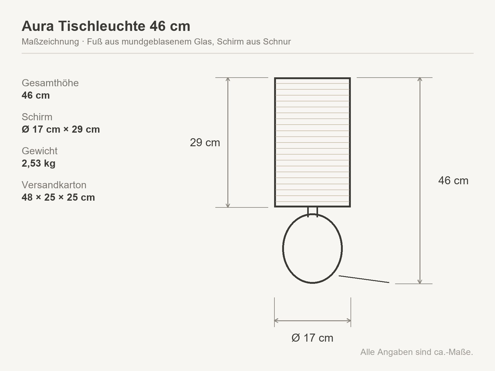 Micadoni Aura Tischleuchte 46 cm Rauchglas – Maßzeichnung mit Gesamthöhe 46 cm und Durchmesser 17 cm