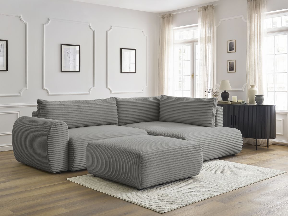 Bobochic Lucien Ecksofa mit Schlaffunktion und Bettkasten und Pouf 296 × 198 cm Breitcord weich Dunkelgrau Ecke rechts