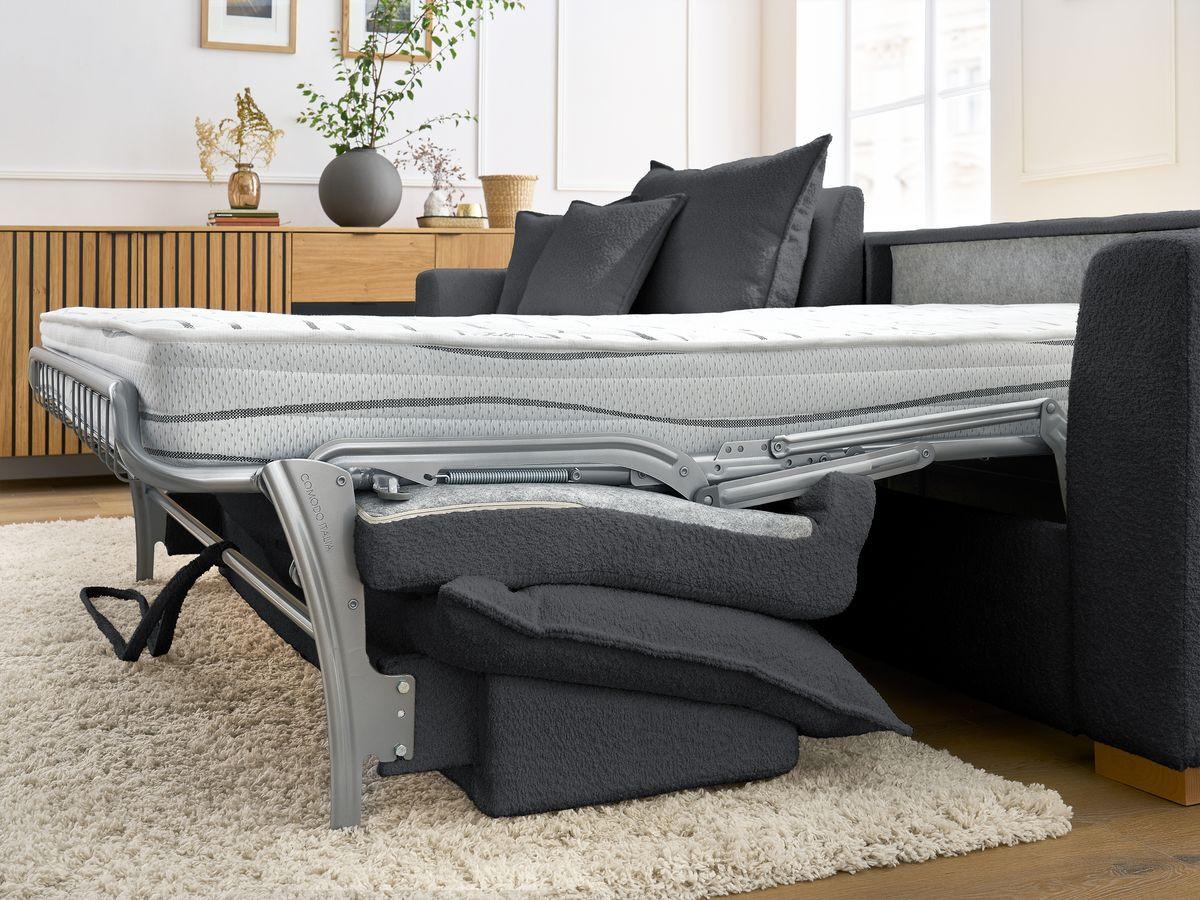 Bobochic Augustin Ecksofa mit Schlaffunktion und Bettkasten Bouclé-Stoff Dunkelgrau, Liegefläche 140 × 200 cm