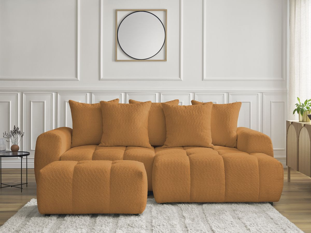 Bobochic Roxelane Ecksofa mit Schlaffunktion und Bettkasten und Pouf 258 × 150 cm Bouclé-Stoff Gelb Ecke rechts