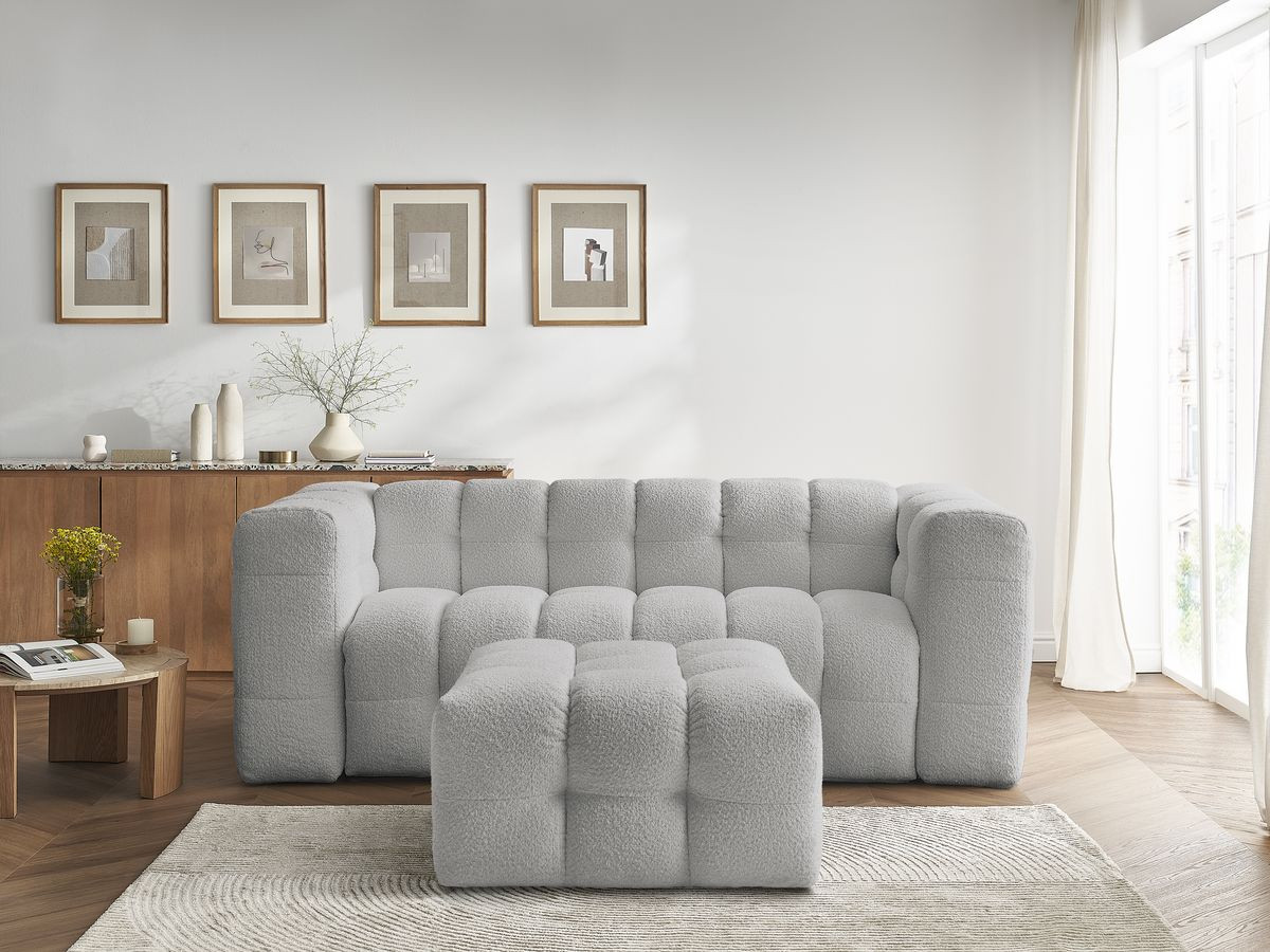 Bobochic Cloud Schlafsofa 3-Sitzer mit Pouf Bouclé-Stoff Hellgrau