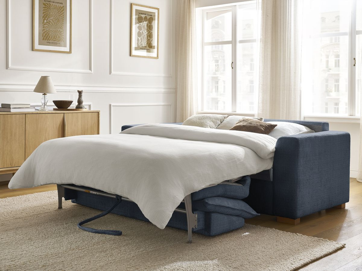 Bobochic Augustin Schlafsofa 3-Sitzer Strukturstoff Dunkelblau, Liegefläche 140 × 200 cm