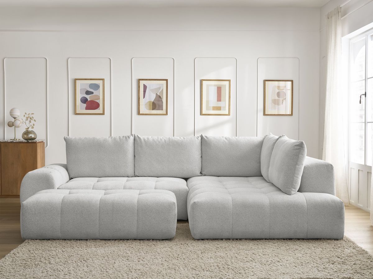 Bobochic Everest Ecksofa mit Schlaffunktion und Bettkasten und Pouf 320 × 212 cm, 5 Kissen Melange-Stoff Hellgrau Ecke rechts