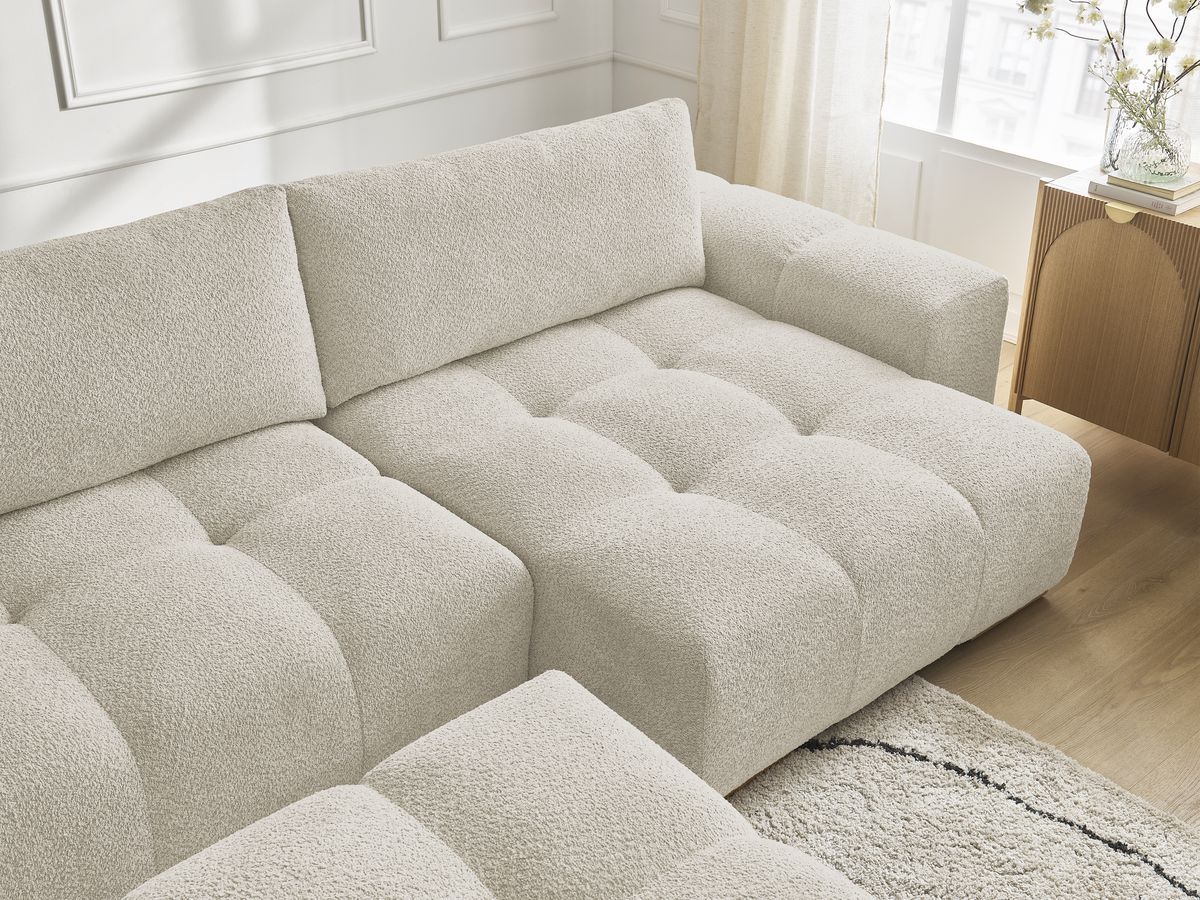 Bobochic Anakin Wohnlandschaft mit Pouf, 3 Kissen Bouclé-Stoff Beige