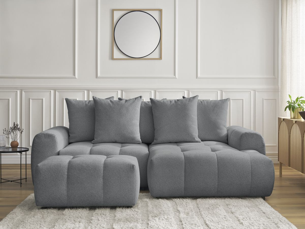 Bobochic Roxelane Ecksofa mit Schlaffunktion und Bettkasten und Pouf 258 × 150 cm Melange-Stoff Dunkelgrau Ecke rechts