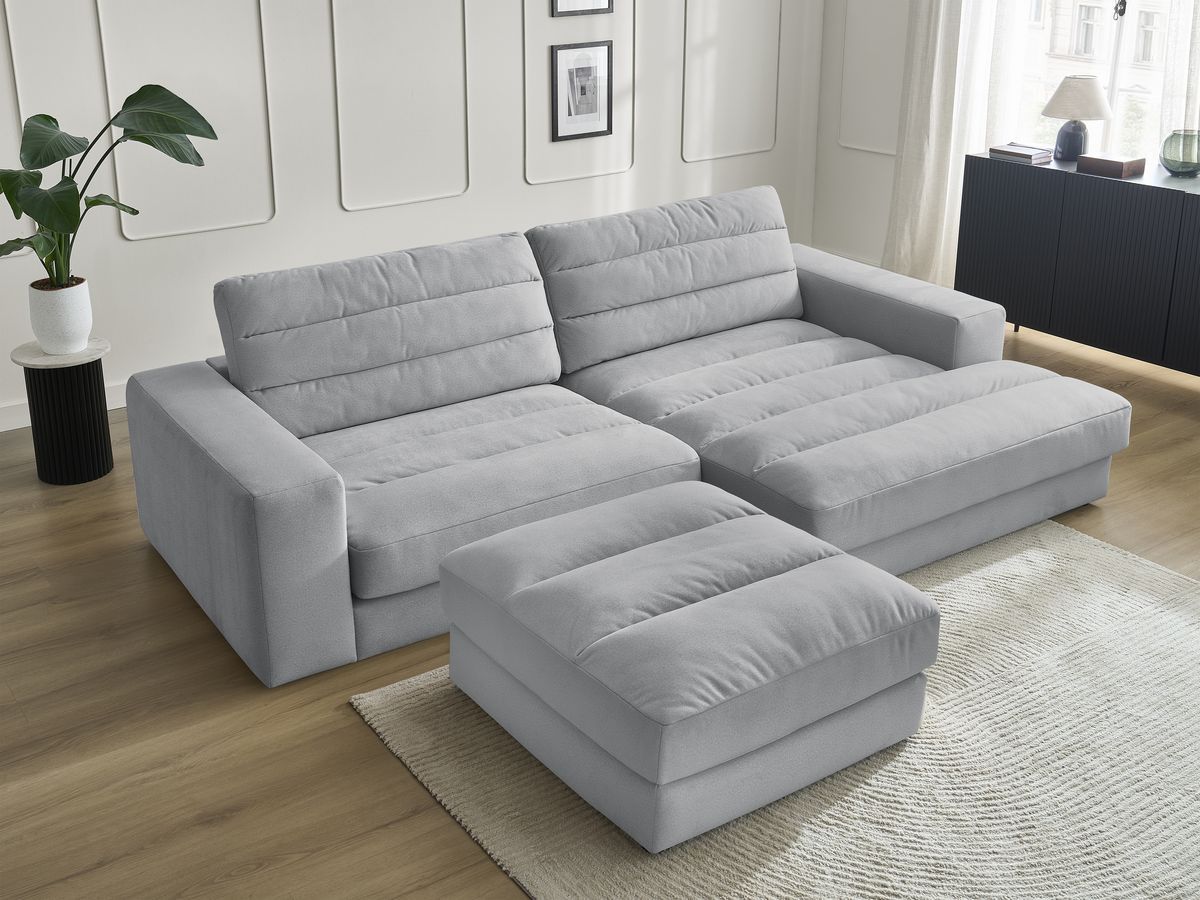 Bobochic Sierra Ecksofa mit Pouf Samt Hellgrau Ecke rechts