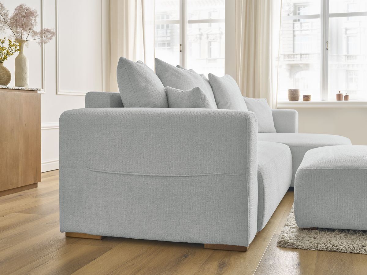 Bobochic Sidonie Ecksofa mit Schlaffunktion und Bettkasten und Pouf Melange-Stoff Hellgrau