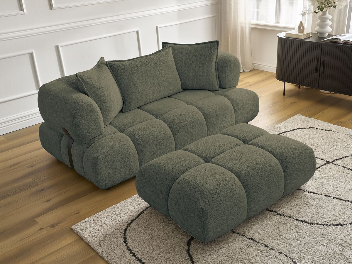 Bobochic Alya Sofa 2-Sitzer mit Pouf Bouclé-Stoff Grün