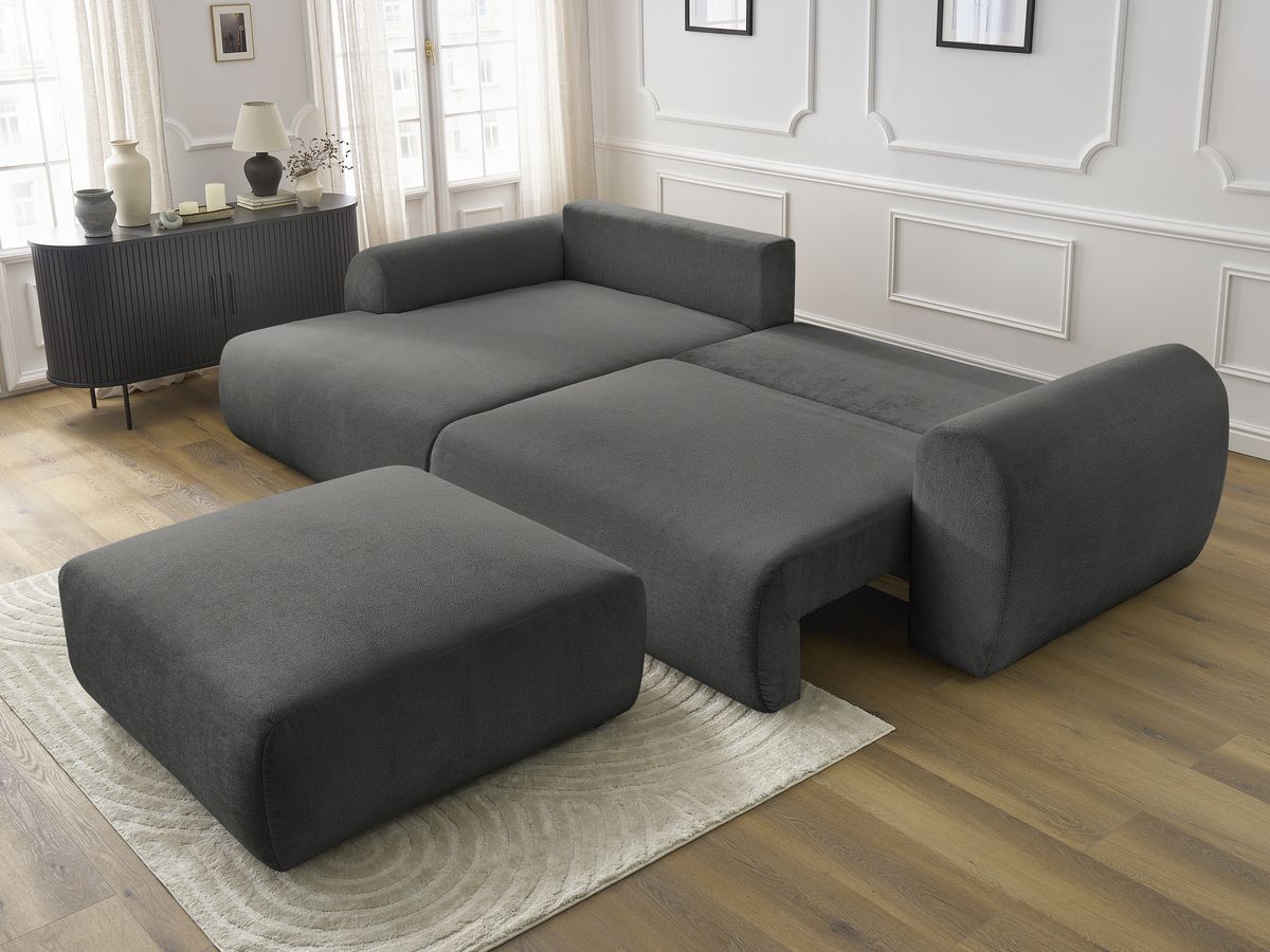 Bobochic Lucien Ecksofa mit Schlaffunktion und Bettkasten und Pouf 314 × 167 cm Stoff Dunkelgrau Ecke links