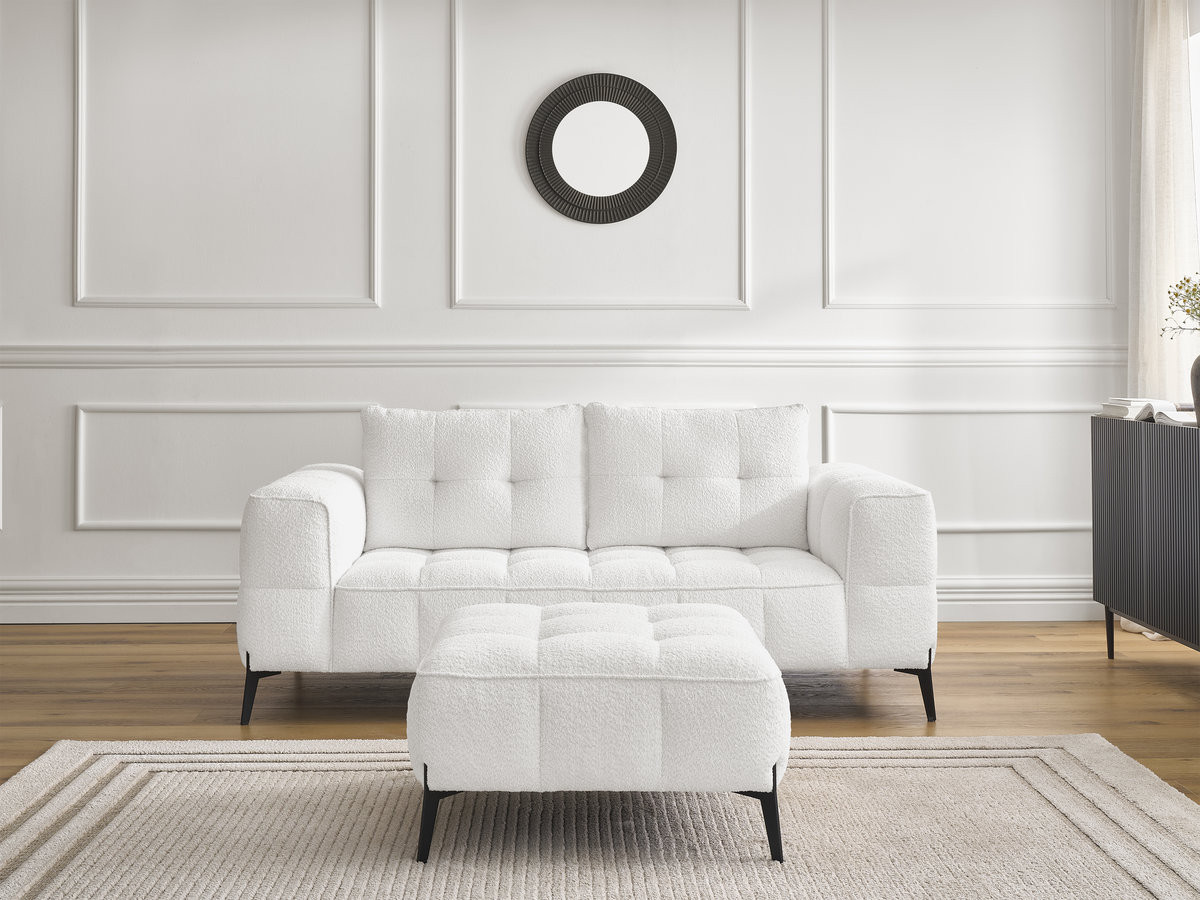 Bobochic Anis Sofa 2-Sitzer mit Pouf Bouclé-Stoff Weiß