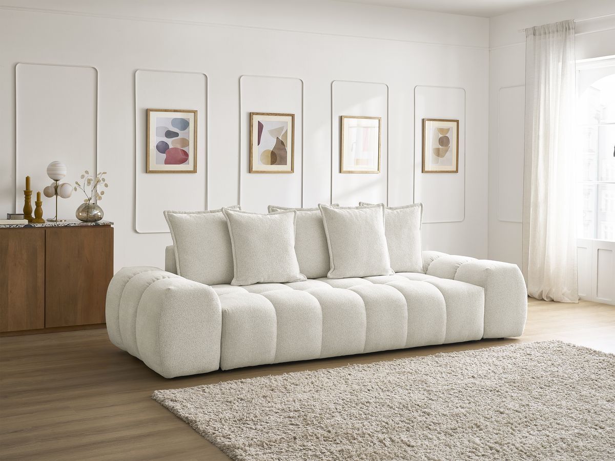 Bobochic Everest Schlafsofa 3-Sitzer mit Bettkasten, 5 Kissen Melange-Stoff Weiß