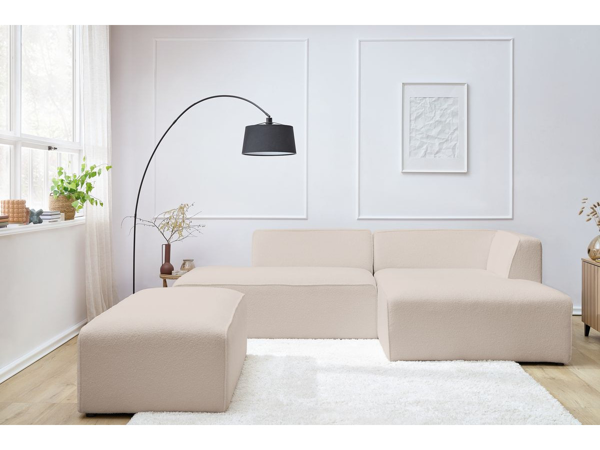 Bobochic Megeve Ecksofa mit Schlaffunktion und Pouf Bouclé-Stoff Beige Ecke rechts