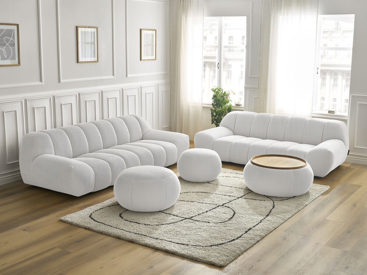 Bobochic Hayden Sofa-Set 3- und 2-Sitzer mit 3 Poufs Mesh-Stoff Weiß