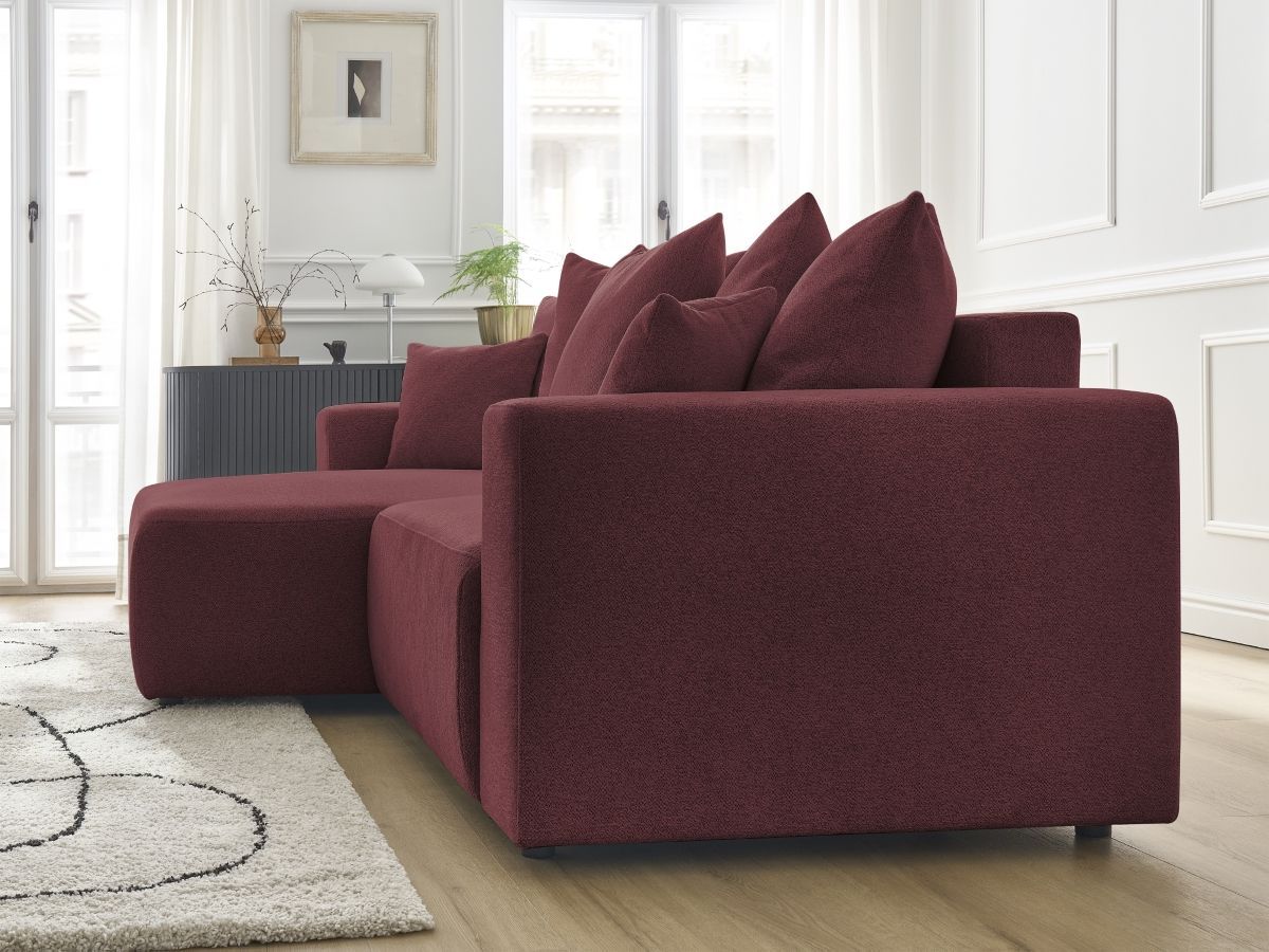 Bobochic Atilla Ecksofa mit Schlaffunktion und Bettkasten Melange-Stoff Rot Ecke links