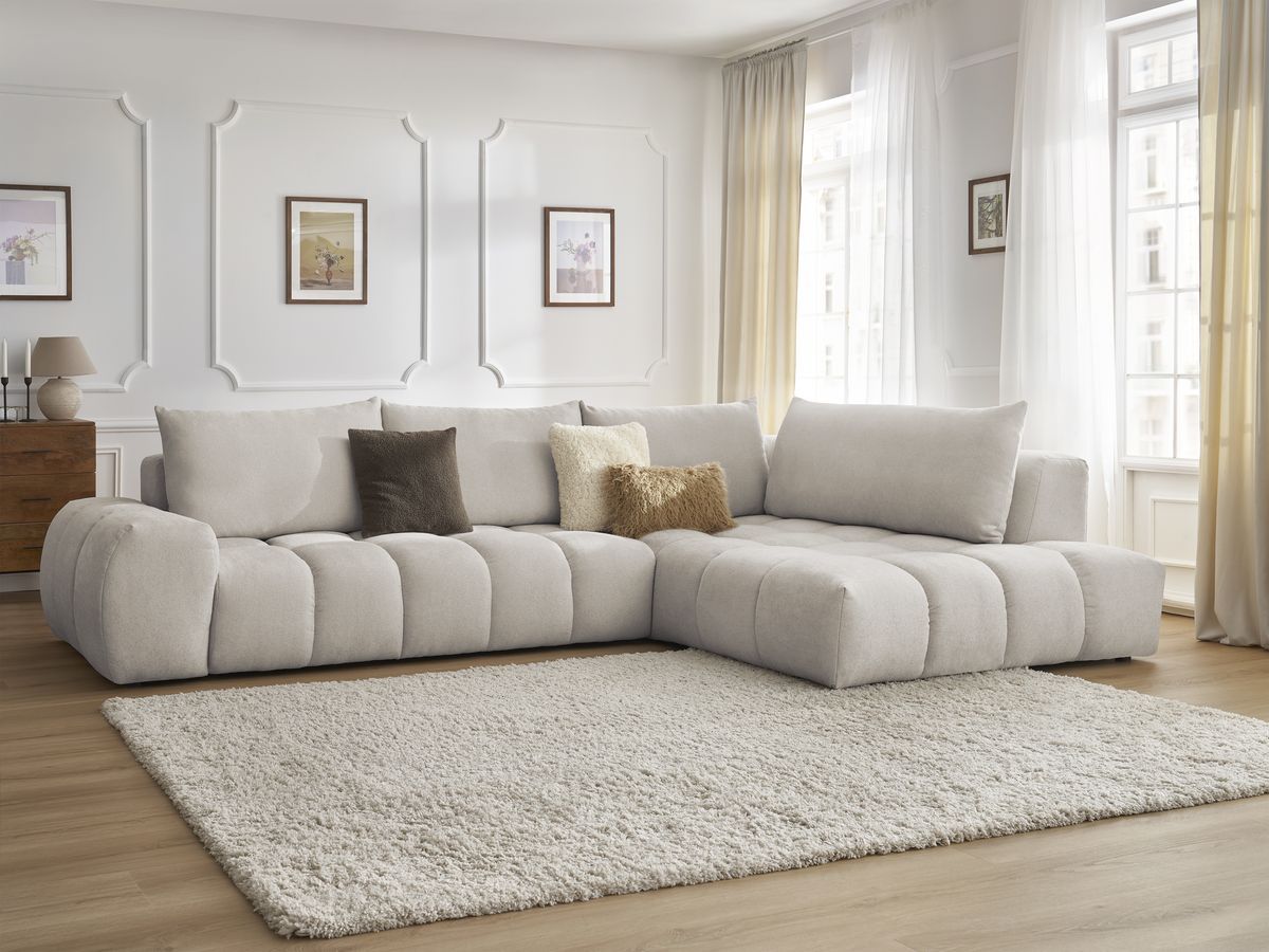 Bobochic Everest Ecksofa, 4 Kissen Strukturstoff Beige Ecke rechts