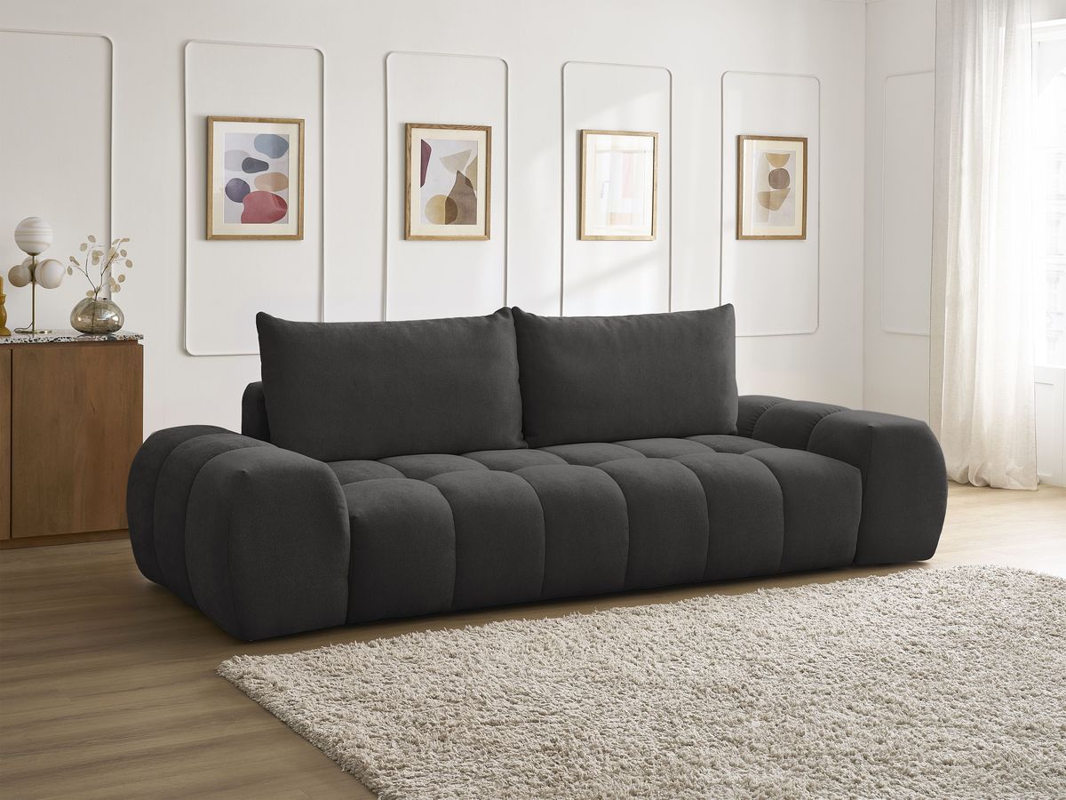 Bobochic Everest Schlafsofa 3-Sitzer mit Bettkasten, 2 Kissen Strukturstoff Schwarz