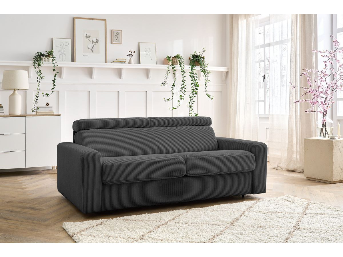 Bobochic Monaco Schlafsofa 3-Sitzer Cordsamt Dunkelgrau, Liegefläche 140 × 190 cm