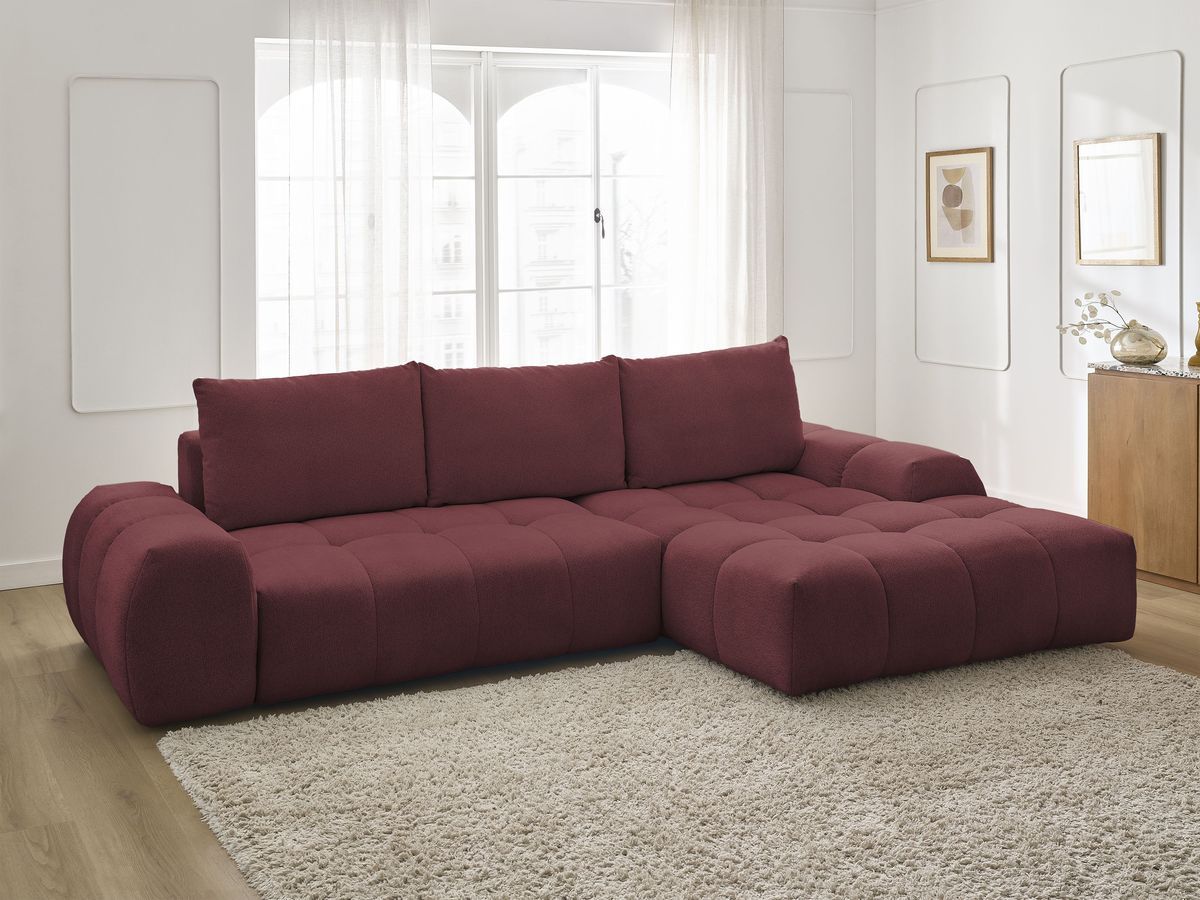 Bobochic Everest Ecksofa mit Schlaffunktion und Bettkasten 318 × 180 cm, 3 Kissen Melange-Stoff Rot Ecke rechts