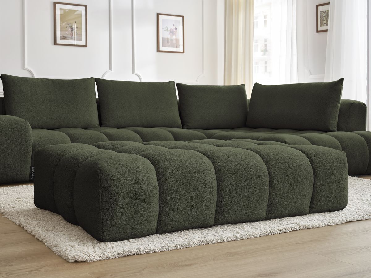 Bobochic Everest Ecksofa mit Schlaffunktion und Pouf, 4 Kissen Melange-Stoff Grün Ecke rechts