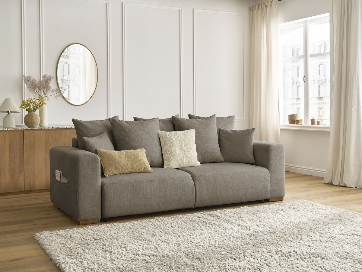Bobochic Sidonie Schlafsofa 3-Sitzer mit Bettkasten Melange-Stoff Taupe