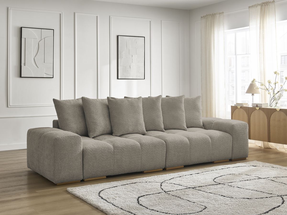 Bobochic Anakin Schlafsofa 3-Sitzer mit Bettkasten, 6 Kissen Bouclé-Stoff Taupe