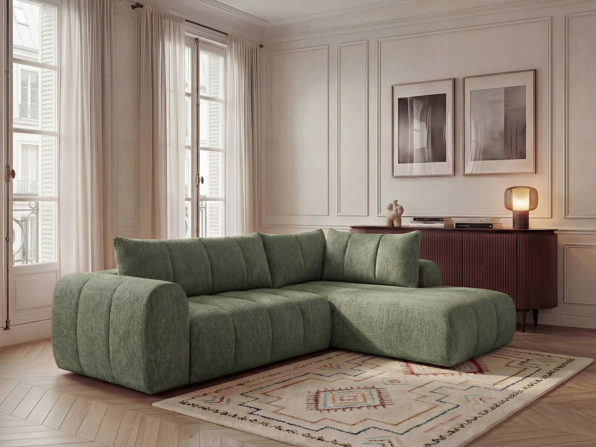 Bobochic Nesty Ecksofa in L-Form, 256 cm Melange-Stoff Hellgrün Ecke rechts