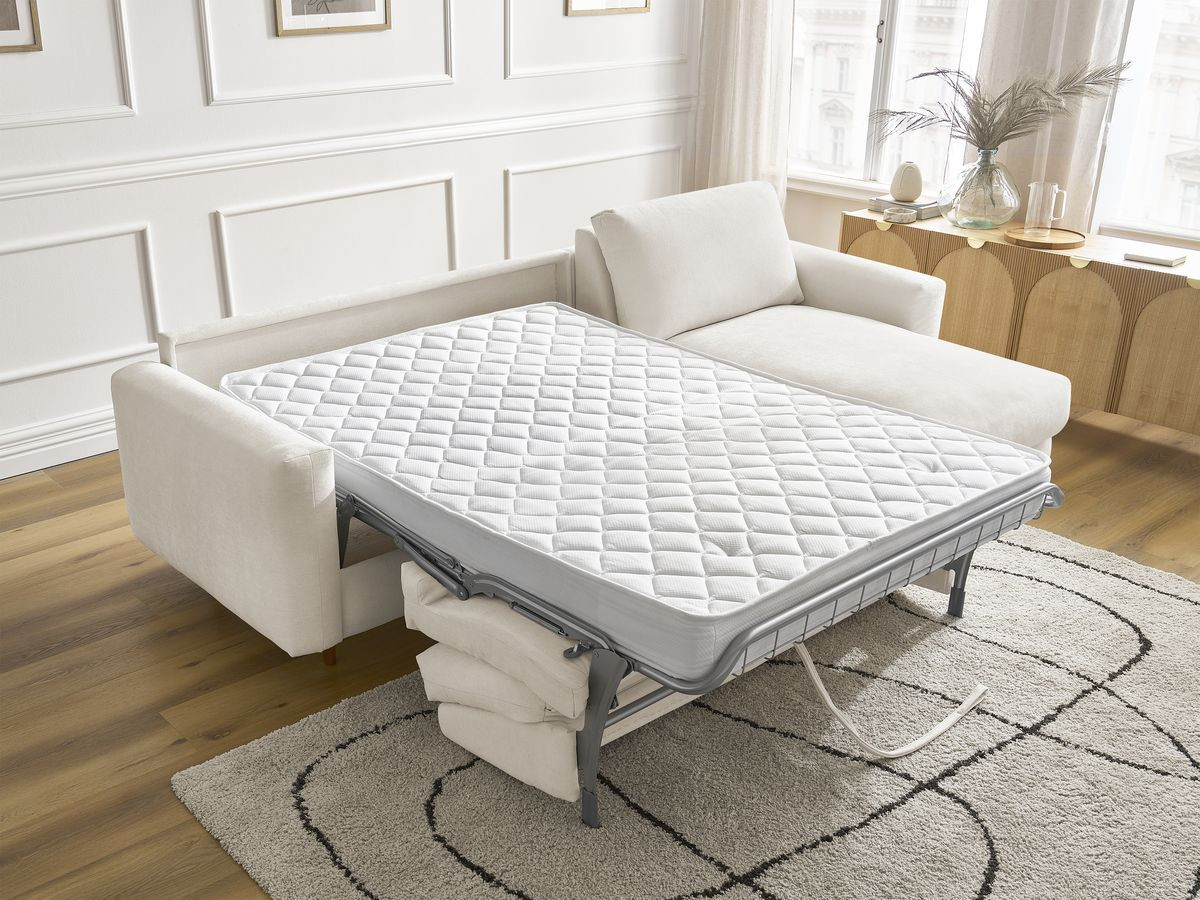 Bobochic Cocoone Ecksofa mit Schlaffunktion und Bettkasten Stoff Beige, Liegefläche 160 × 200 cm