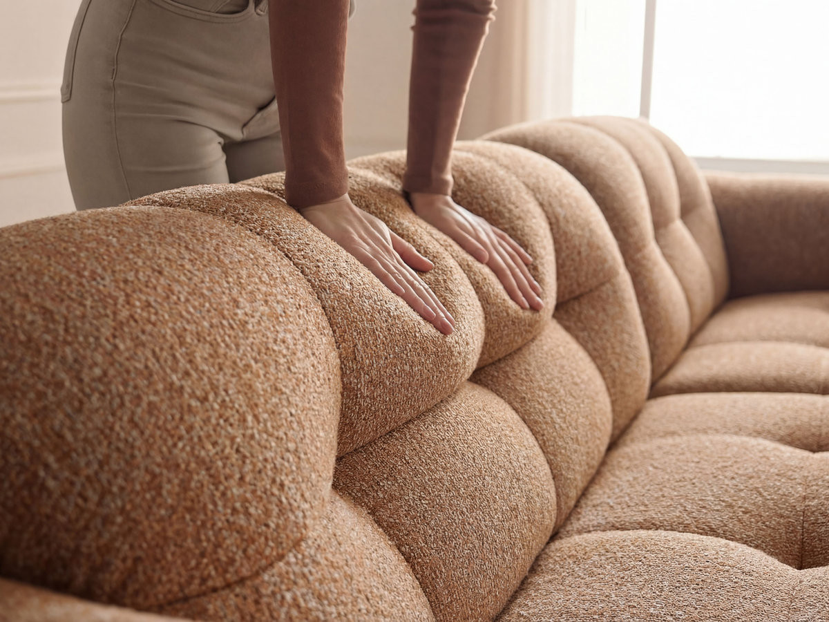 Bobochic Laura Ecksofa mit großem Pouf Melange-Stoff Orange Ecke rechts
