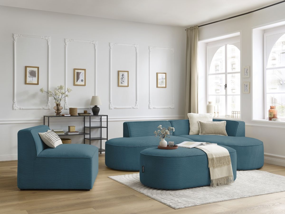 Bobochic Rousseau Ecksofa mit Sofamodul und Pouf Cordsamt Dunkelblau Ecke rechts