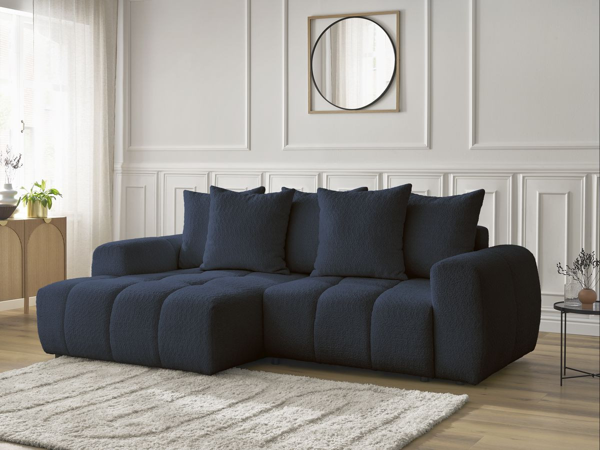 Bobochic Roxelane Ecksofa mit Schlaffunktion und Bettkasten 258 × 150 cm Bouclé-Stoff Dunkelblau Ecke links