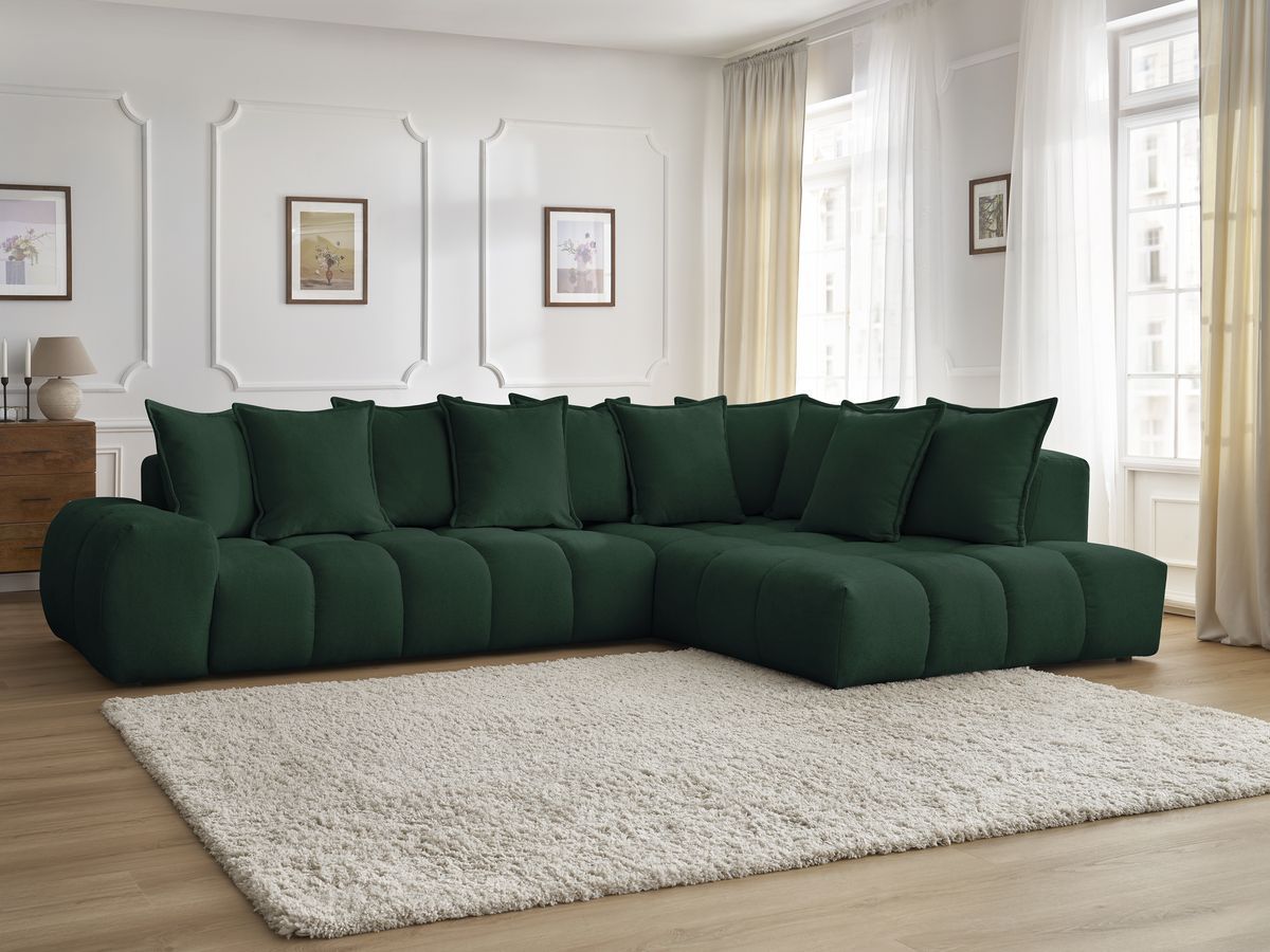Bobochic Everest Ecksofa, 10 Kissen Strukturstoff Grün Ecke rechts