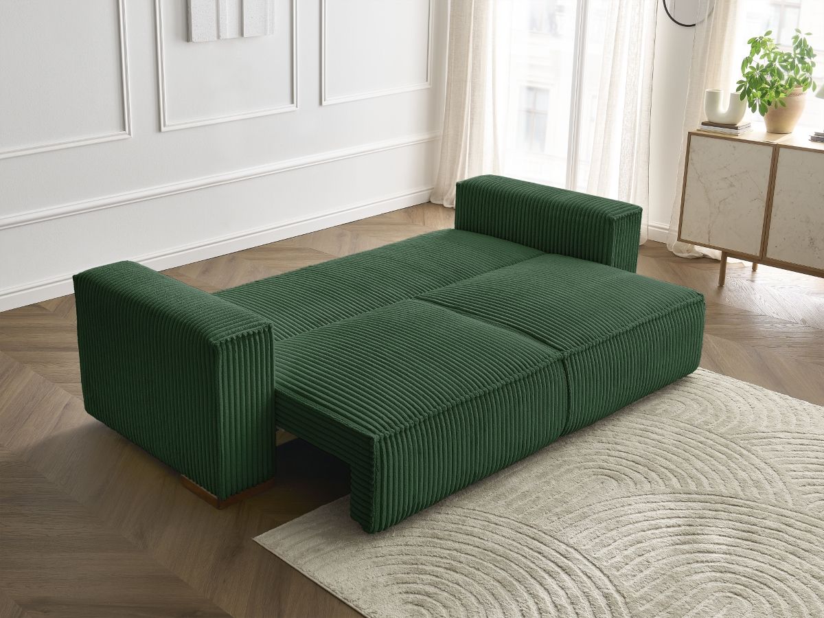 Bobochic Chelsea Schlafsofa 3-Sitzer mit Bettkasten Breitcord weich Grün