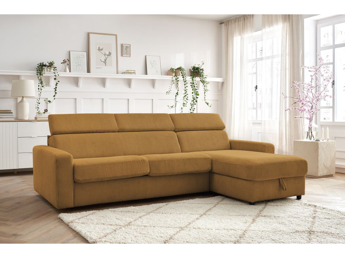 Bobochic Monaco Ecksofa mit Schlaffunktion und Bettkasten Cordsamt Gelb, Liegefläche 140 × 190 cm