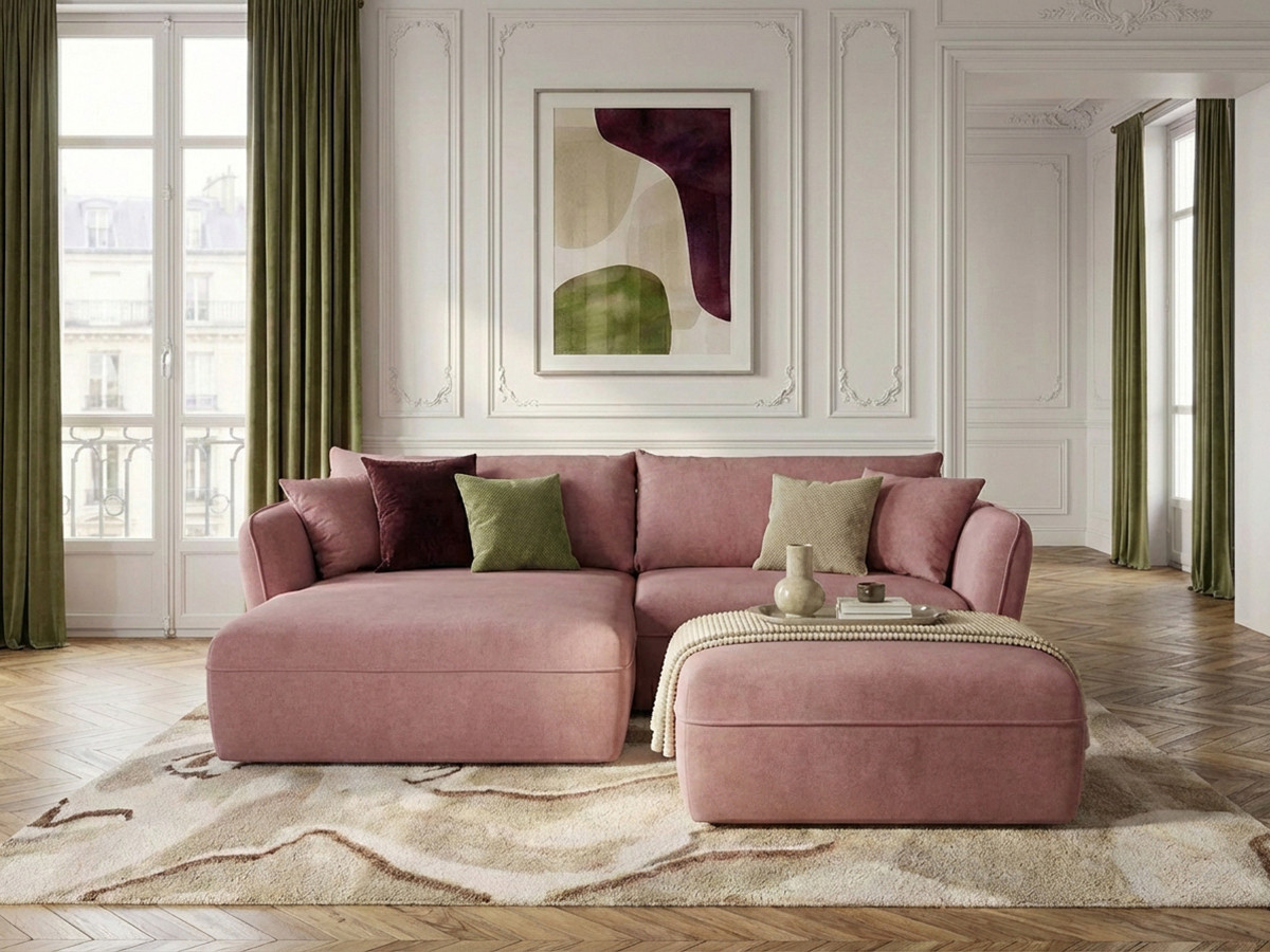 Bobochic Luigi Ecksofa mit Pouf Strukturstoff Rosa Ecke links