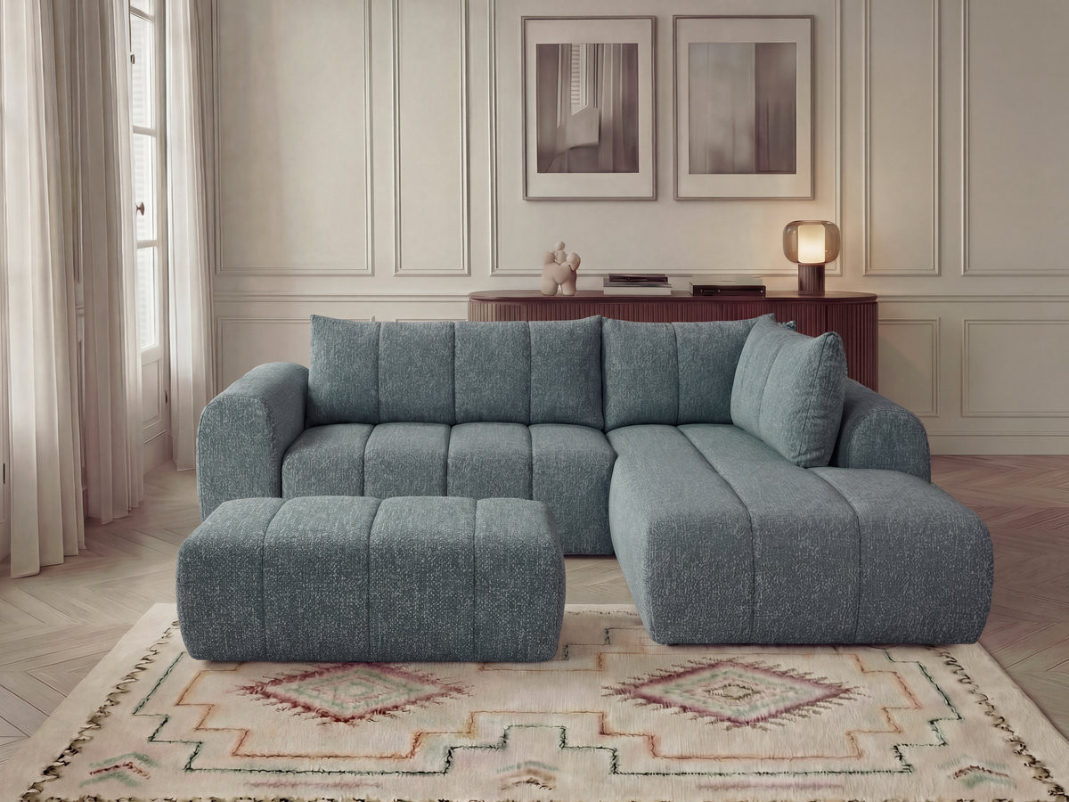 Bobochic Nesty Ecksofa in L-Form, 256 cm, mit Pouf Melange-Stoff Blau Ecke rechts