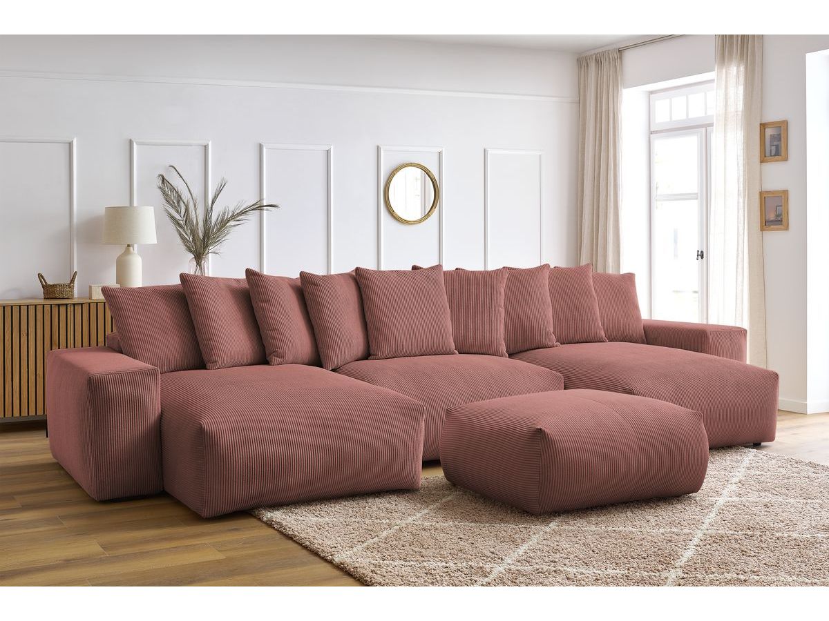Bobochic Voltaire Wohnlandschaft mit Pouf 420 × 174 cm, Liegefläche 135 × 345 cm Cordsamt Rosa