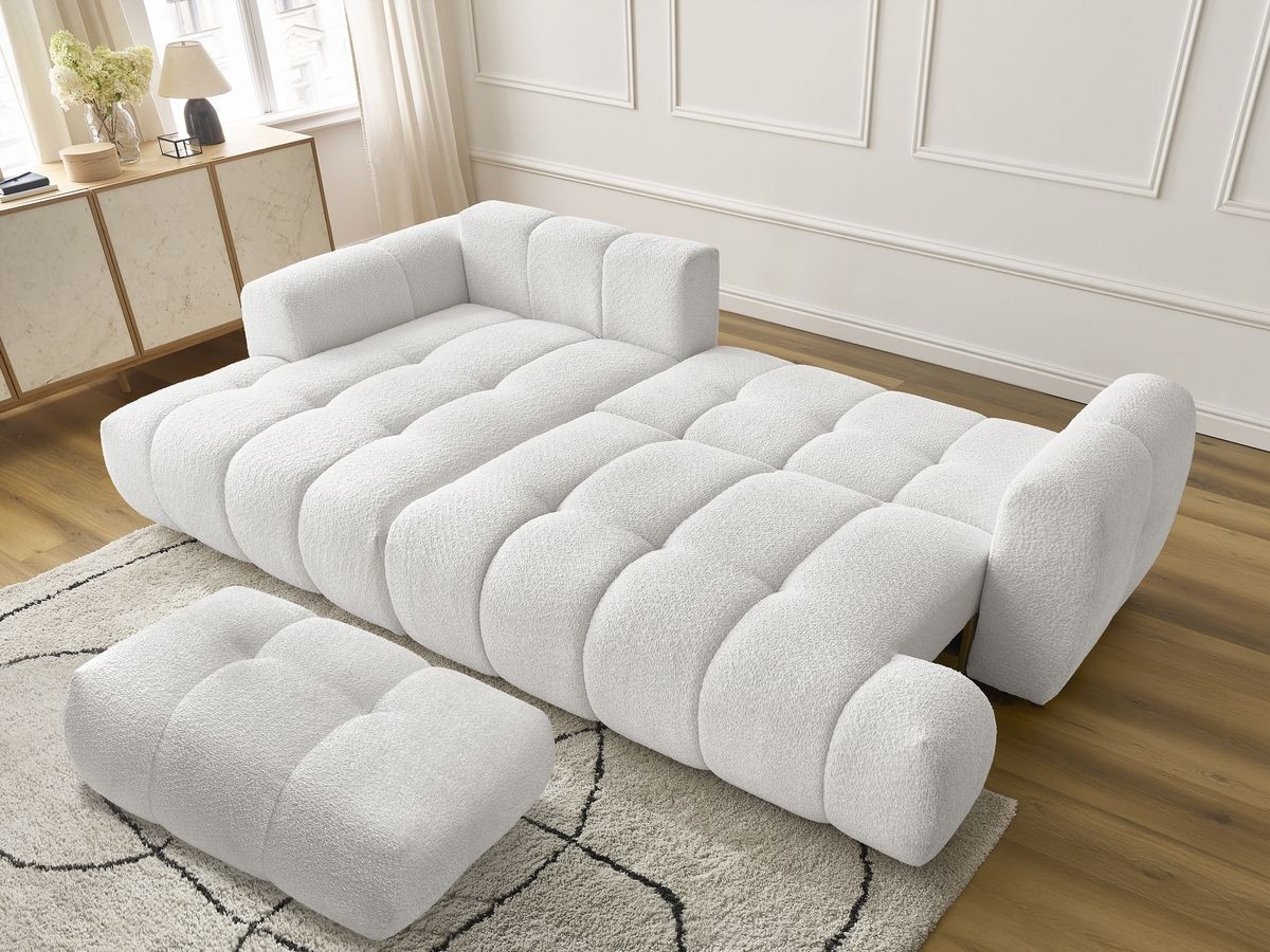 Bobochic Fuji Ecksofa mit Schlaffunktion und Bettkasten und Pouf 292 × 160 cm Bouclé-Stoff Weiß Ecke links
