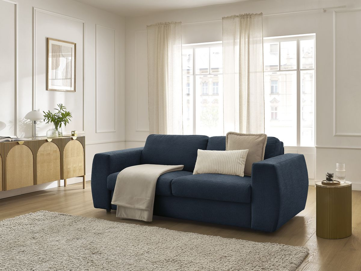 Bobochic Hugo Schlafsofa 3-Sitzer Strukturstoff Dunkelblau, Liegefläche 160 × 190 cm