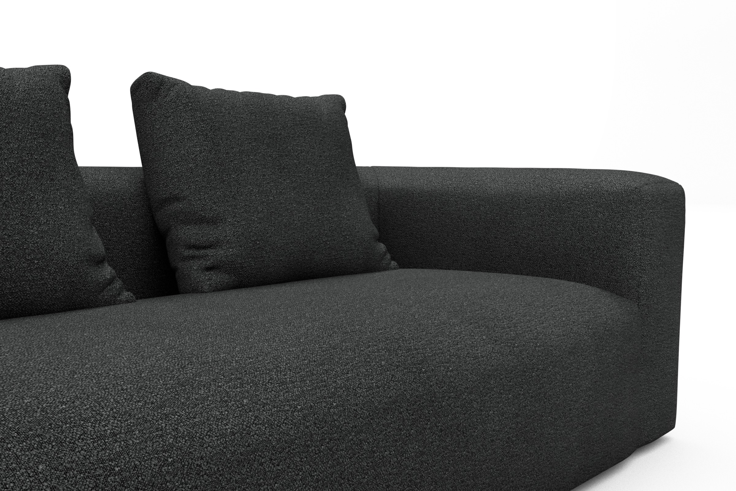 Wohnlandschaft Fred Relax-Ecke rechts mit 2-Sitzer und Chaiselongue links Boucle-Charcoal
