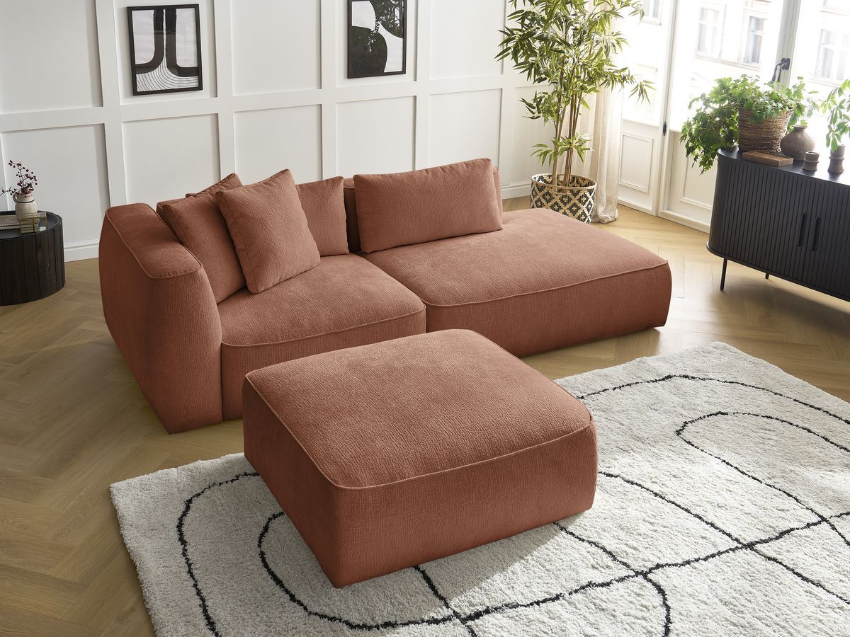 Bobochic Leopold Sofa 4-Sitzer mit Pouf Strukturstoff Orange Armlehne links