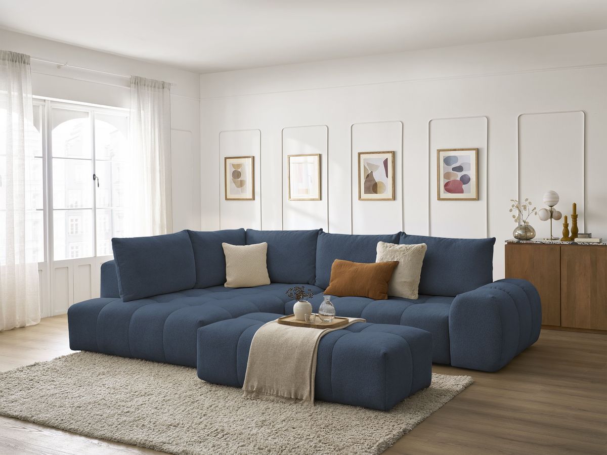 Bobochic Everest Ecksofa mit Schlaffunktion und Bettkasten und Pouf 320 × 212 cm, 5 Kissen Melange-Stoff Dunkelblau Ecke links