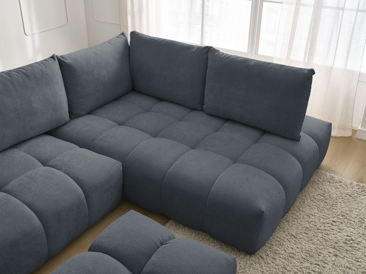 Bobochic Everest Ecksofa mit Schlaffunktion und Bettkasten und Pouf 320 × 212 cm, 5 Kissen Strukturstoff Dunkelblau Ecke rechts