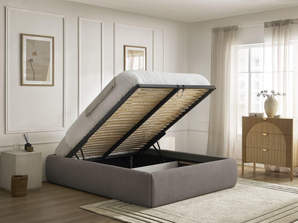 Bobochic Inera Bettgestell mit Bettkasten, ohne Kopfteil Bouclé-Stoff Braun, Liegefläche 140 × 190 cm