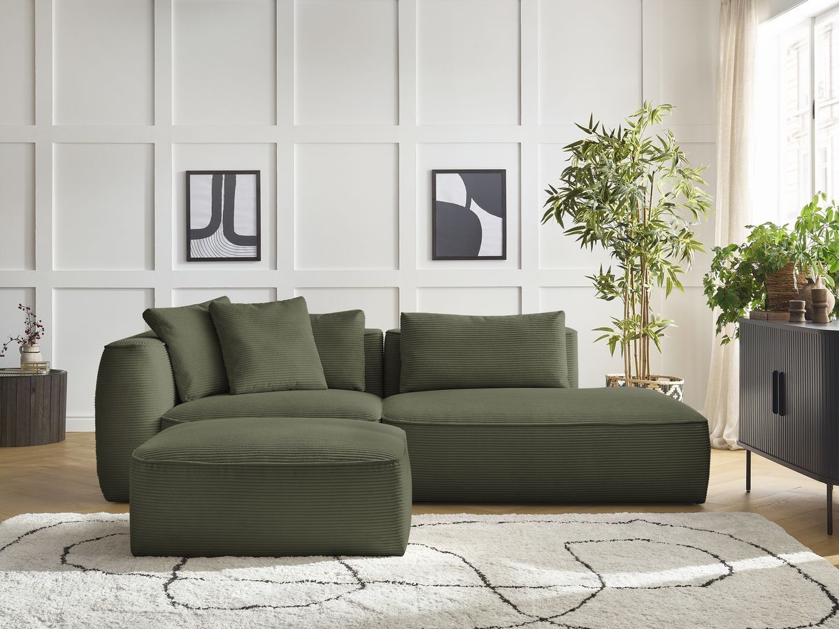 Bobochic Leopold Sofa 4-Sitzer mit Pouf Cordsamt Hellgrün Armlehne links