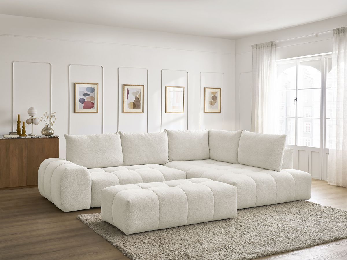 Bobochic Everest Ecksofa mit Schlaffunktion und Bettkasten und Pouf 320 × 212 cm, 5 Kissen Melange-Stoff Weiß Ecke rechts