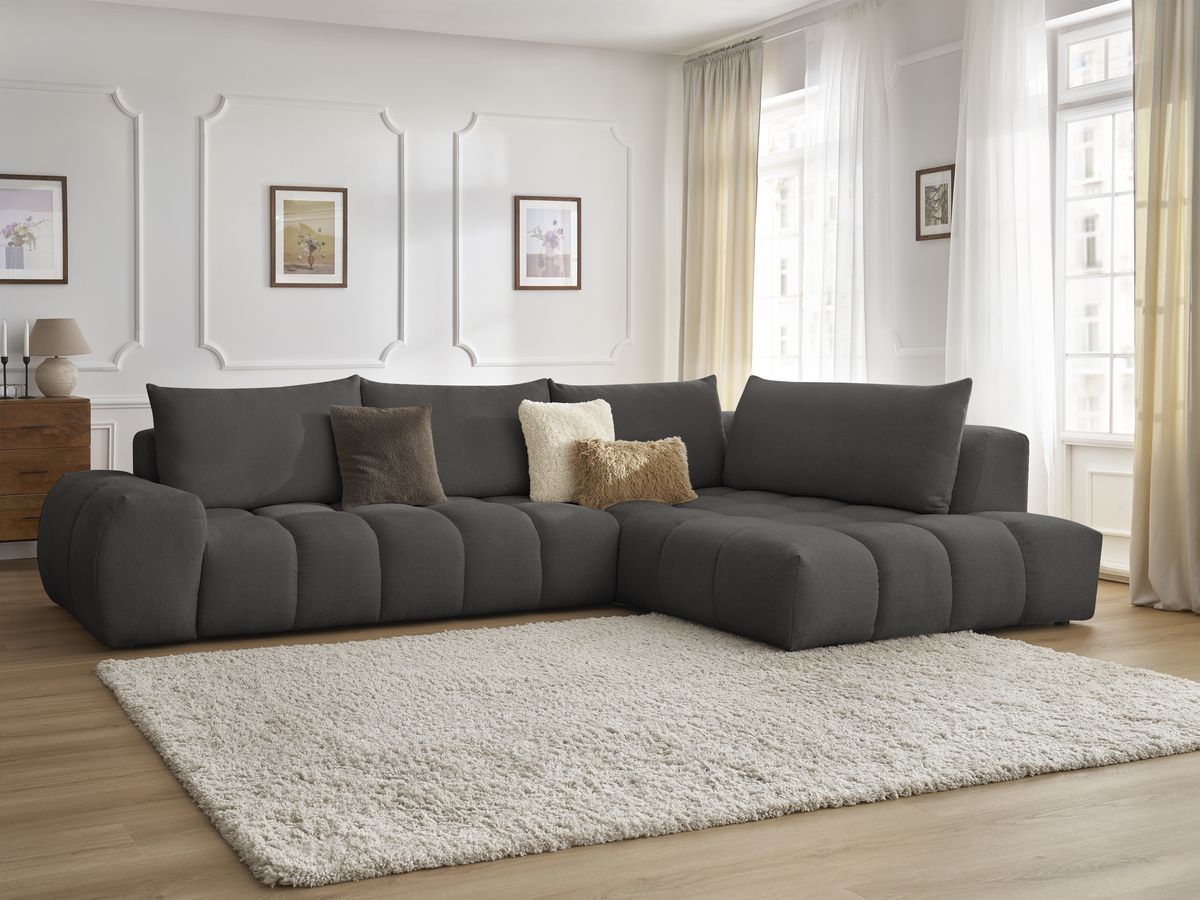Bobochic Everest Ecksofa, 4 Kissen Strukturstoff Dunkelgrau Ecke rechts